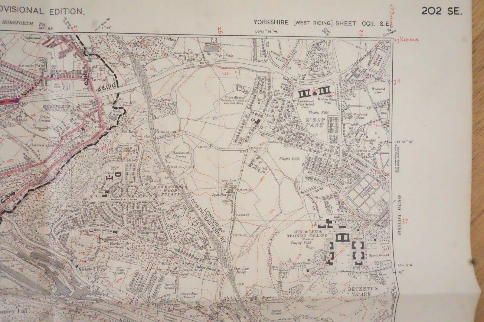 1938 Whitlecote Sandford Kirkstall Yorkshire LNER LMS Railway OS Linen Map Ref49
