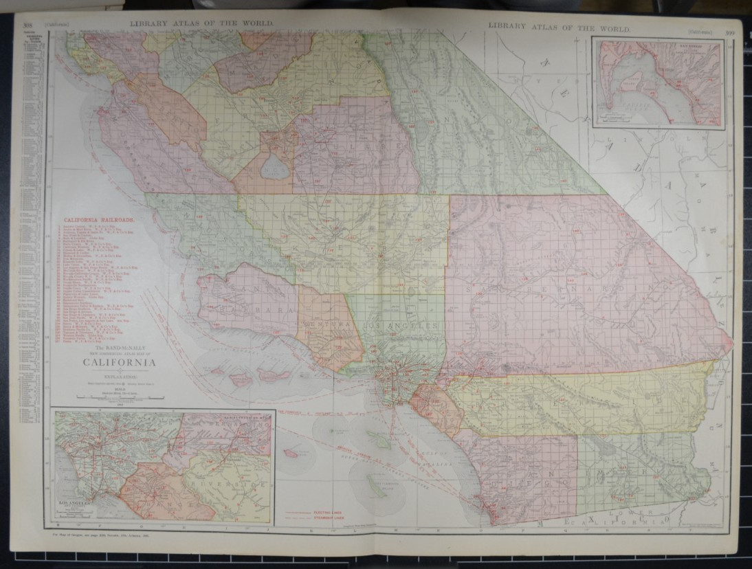 CALIFORNIA – SOUTH – 1912 – RAND-McNALLY NEW COMMERCIAL ATLAS – SHOWS RAILROADS