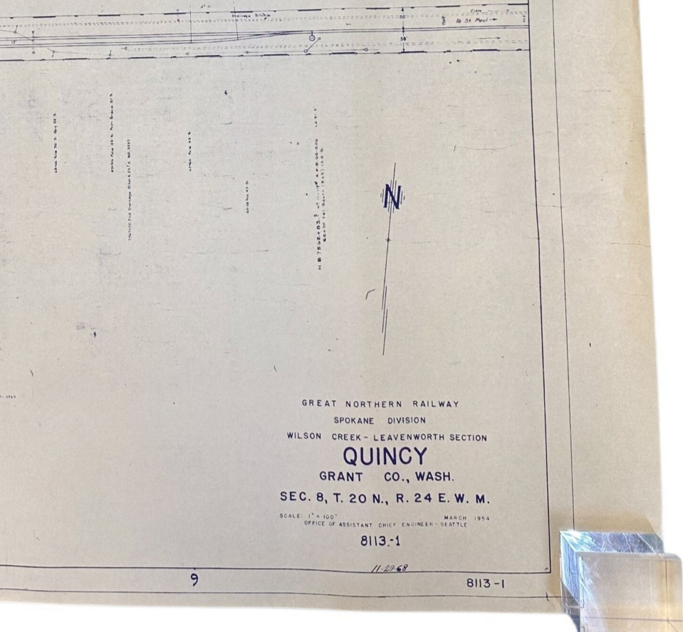 1954 Great Northern Railway Map Quincy Washington WA Blueprint Copy 84” x 24”