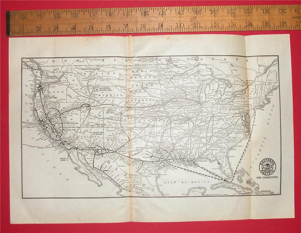 SOUTHERN PACIFIC RAILROAD SYSTEM MAP LARGE 8×15″ 1925 TEXAS NM AZ CA SP RR LINES
