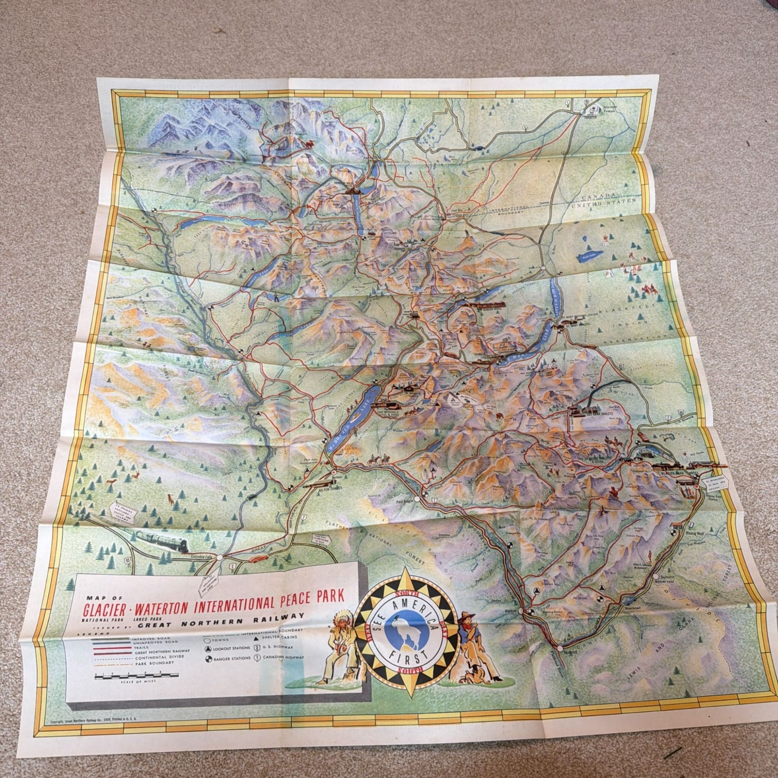Vintage 1939 Great Northern Railway Pictorial Map Glacier National Park Waterton