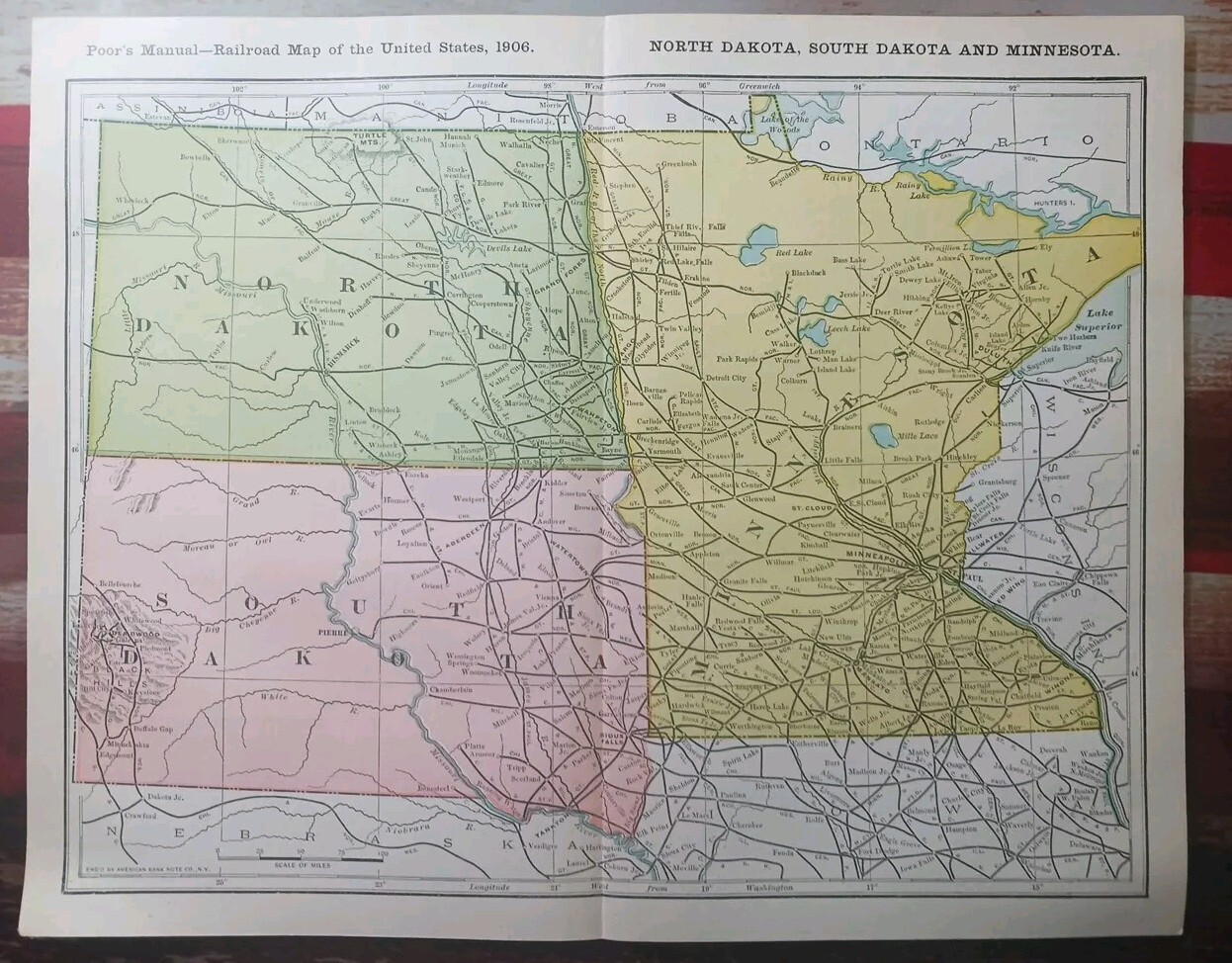 1906 Dated Train Route Map Minnesota Dakotas All Railroad Lines Stations 11″×9″