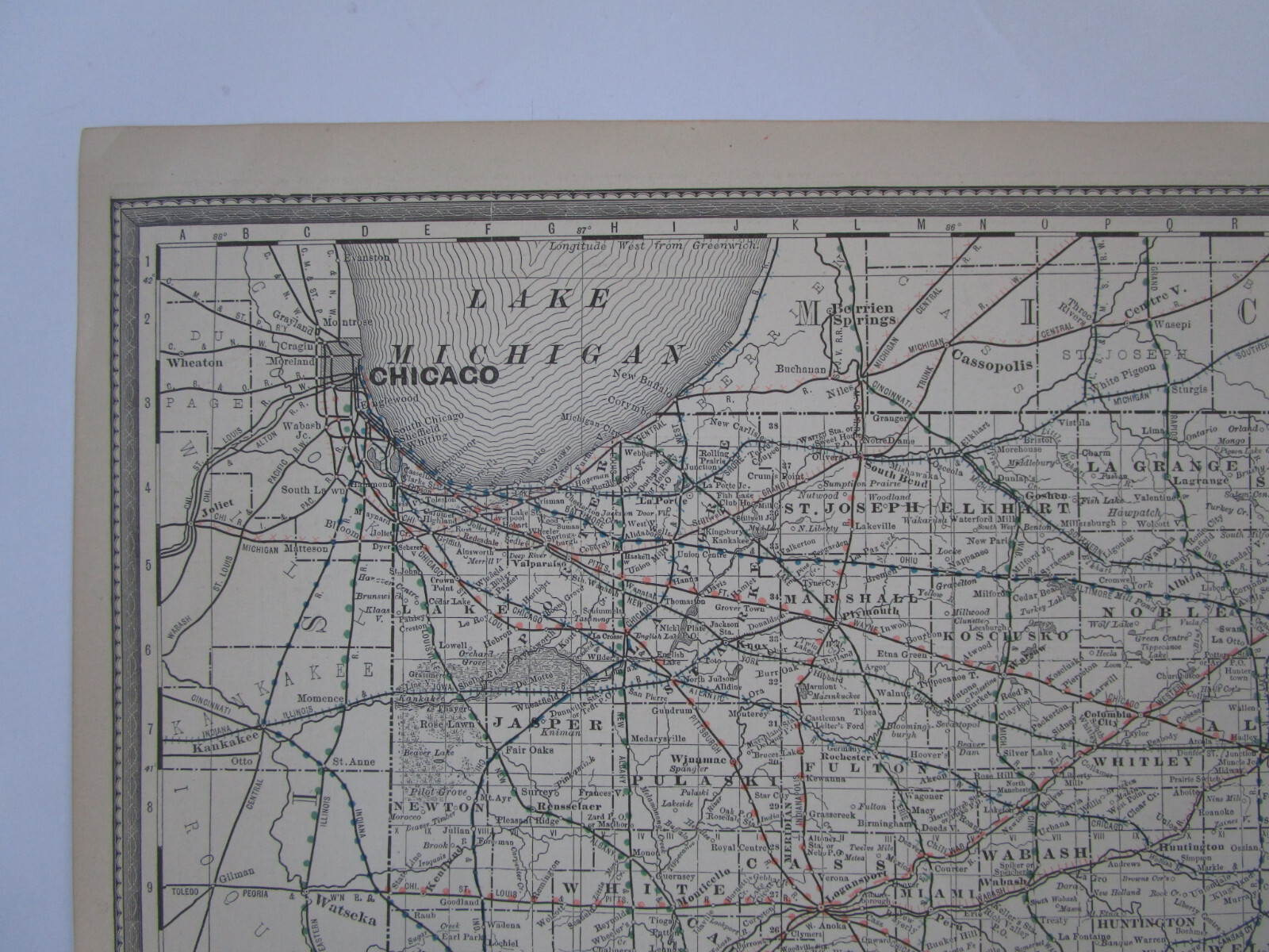 IN Antique DATED 1887 INDIANA RAILROAD Map. McNally Business