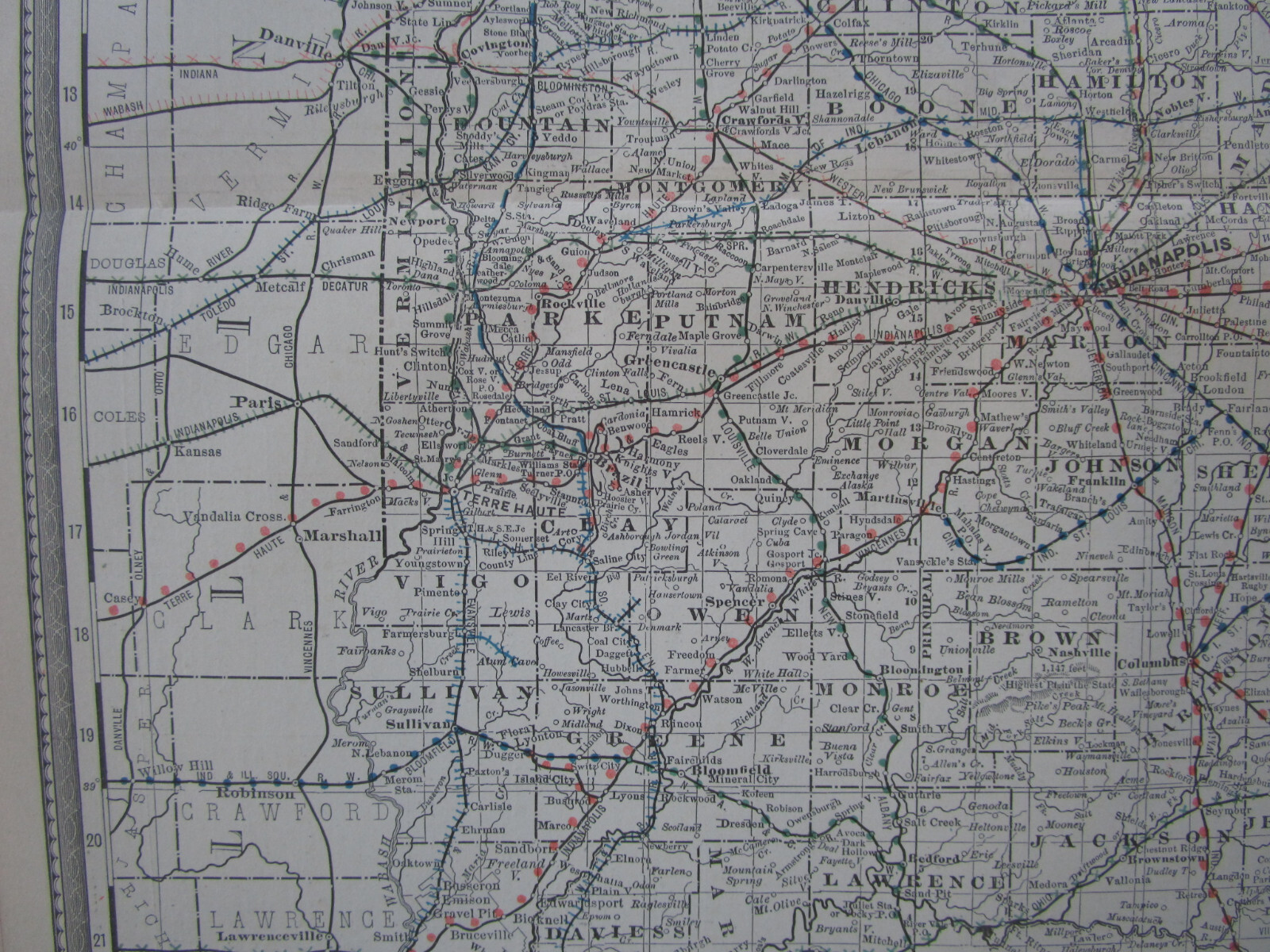 IN Antique DATED 1887 INDIANA RAILROAD Map. McNally Business