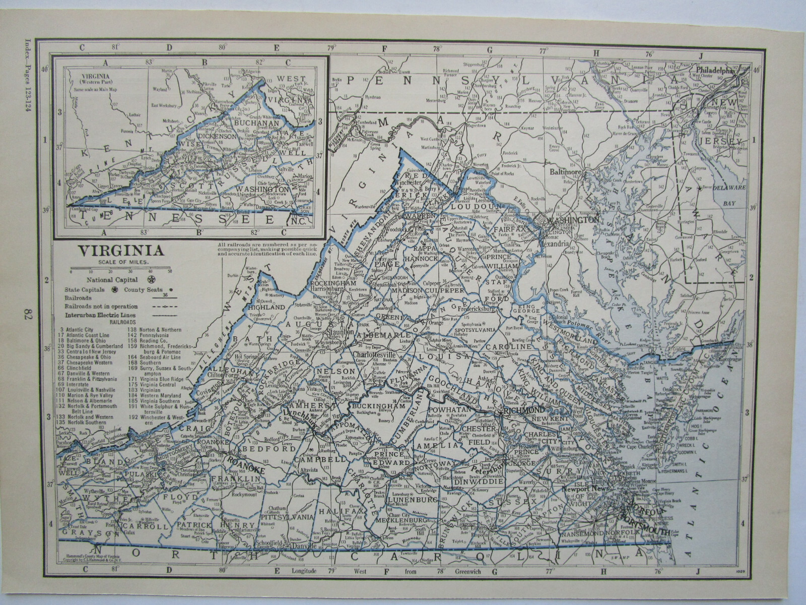 VA VT 1933 VIRGINIA RAILROAD Map WHITE SULPHUR & HUNTERSVILLE RR ~or~ VERMONT
