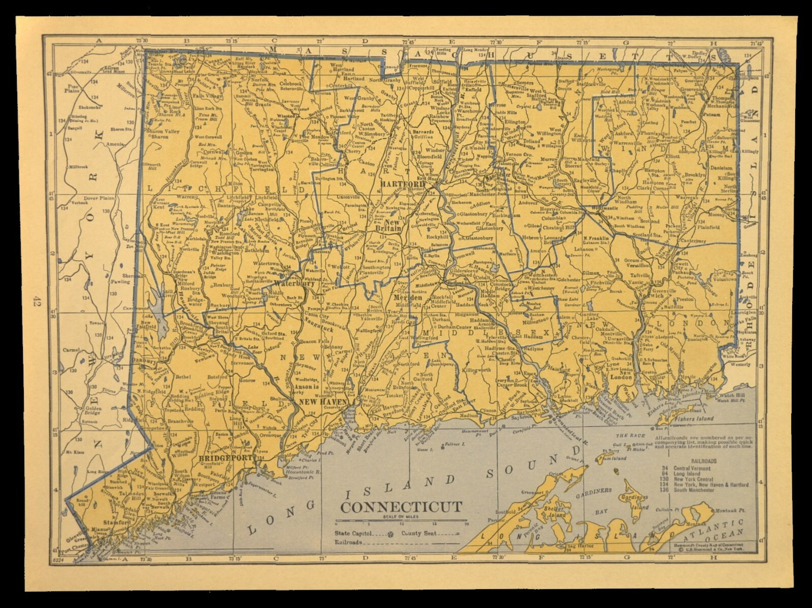 ca1939 CONNECTICUT Railroad Map Depot Towns Historic NH RR Original Atlas Map