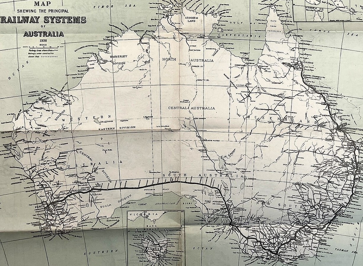 RAILWAY SYSTEM OF AUSTRALIA 1938 MAP +NEW SOUTH WALES RAILROADS SYDNEY NEWCASTLE