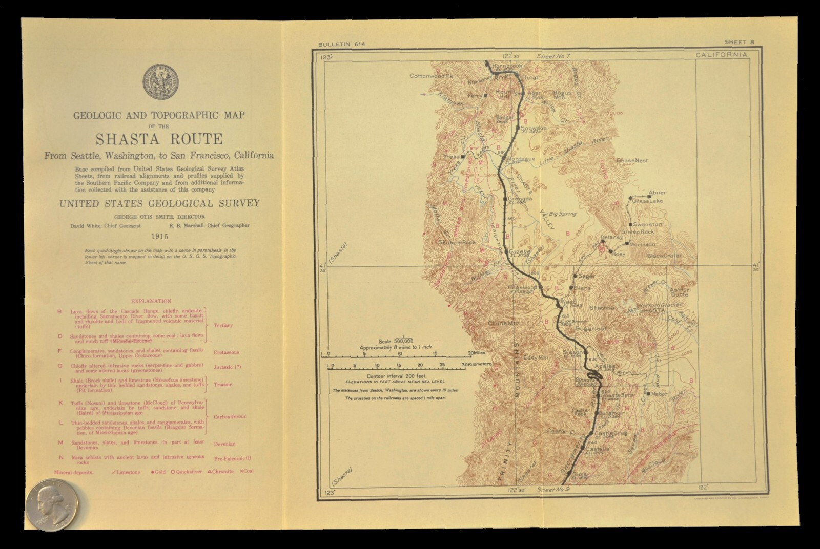 1915 Southern Pacific Railroad Map Mt Shasta Route Weed California Geological