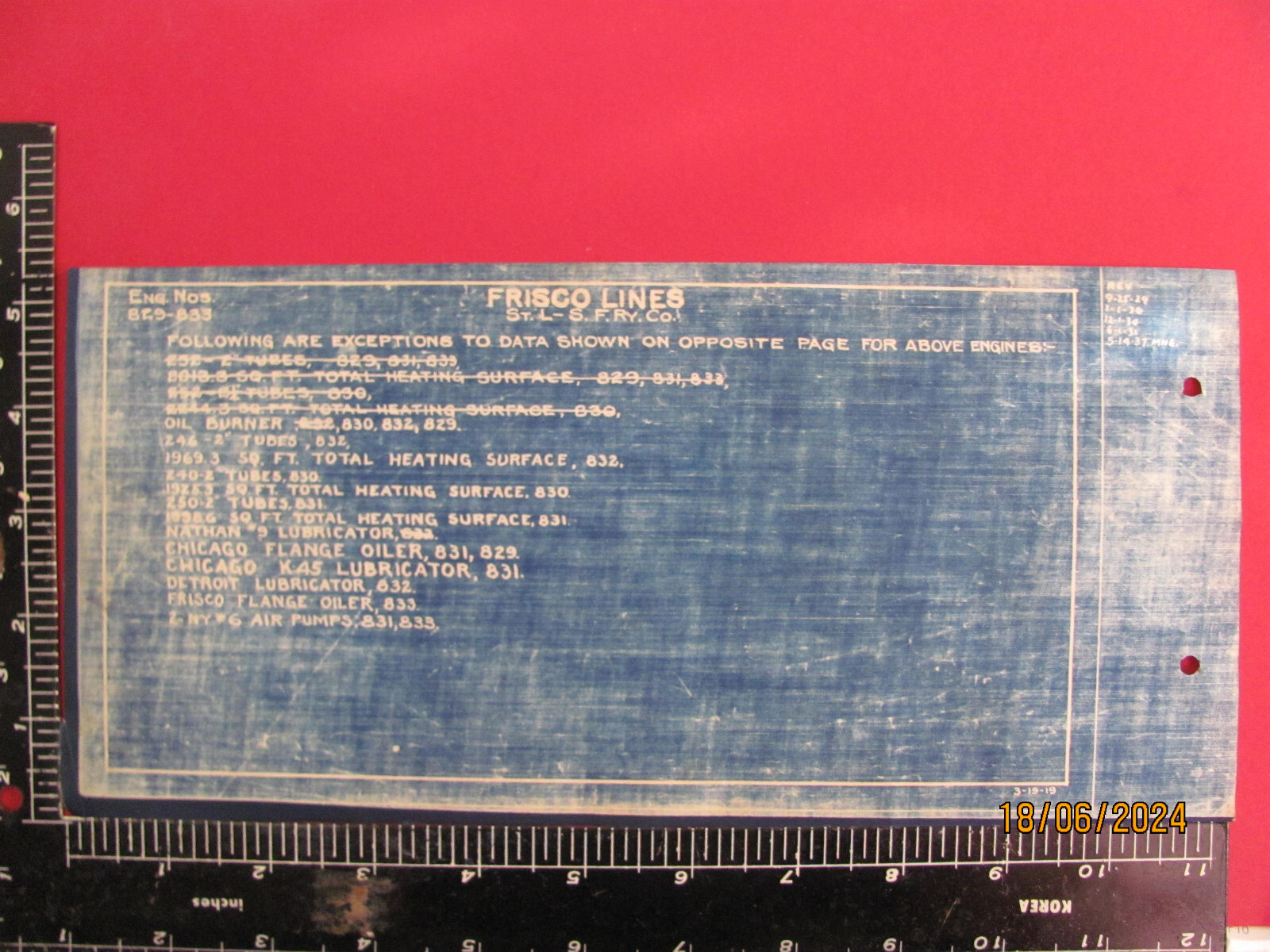 FRISCO LINES SL-SF RAILROAD 2-8-0 LOCOMOTIVES #829 – #833 BLUEPRINT DATA DRAWING