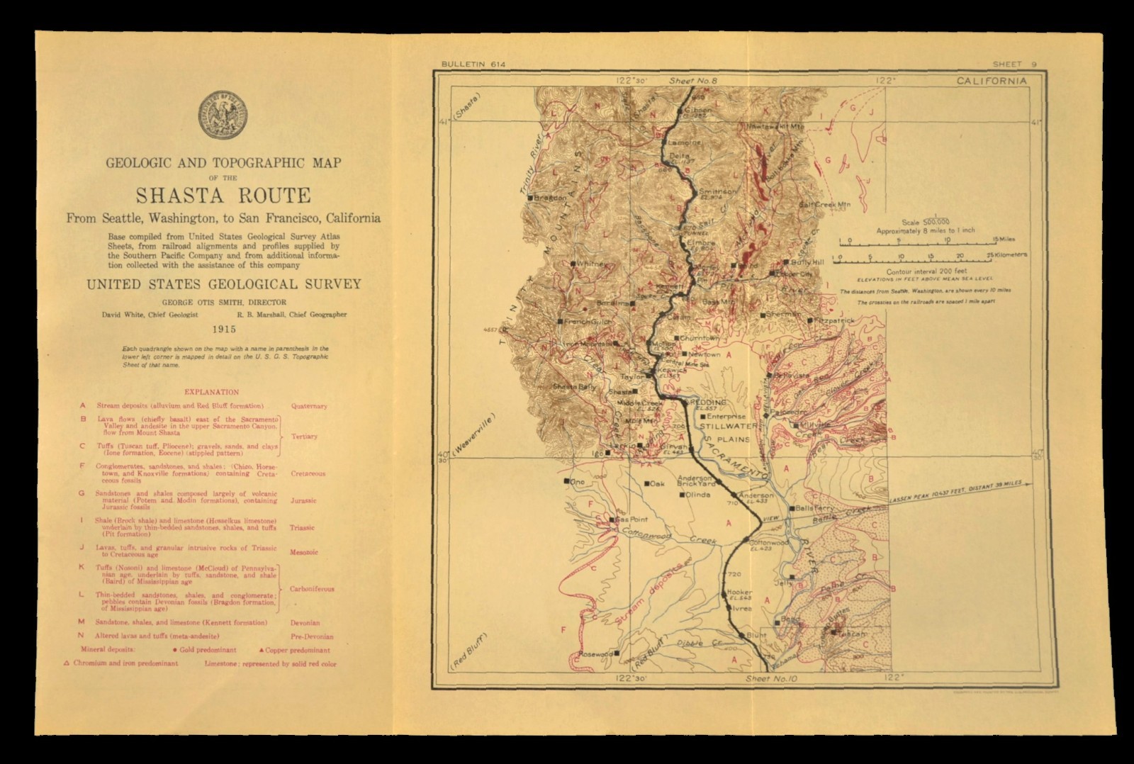 1915 Southern Pacific Railroad Map Redding California Copper Mining Shasta Route