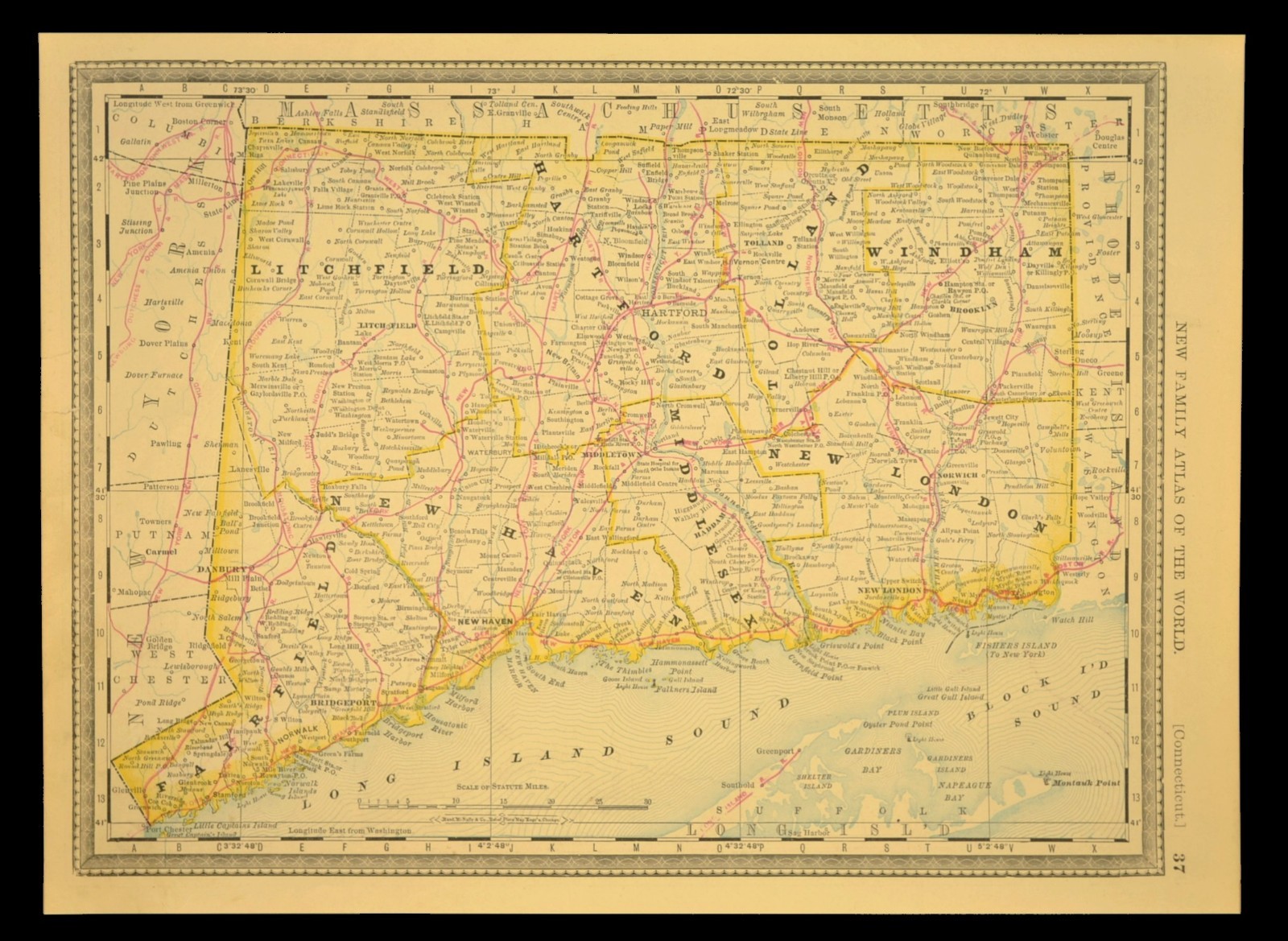 Antique CONNECTICUT Railroad Map NY&NE RR New York & New England RR The Air Line