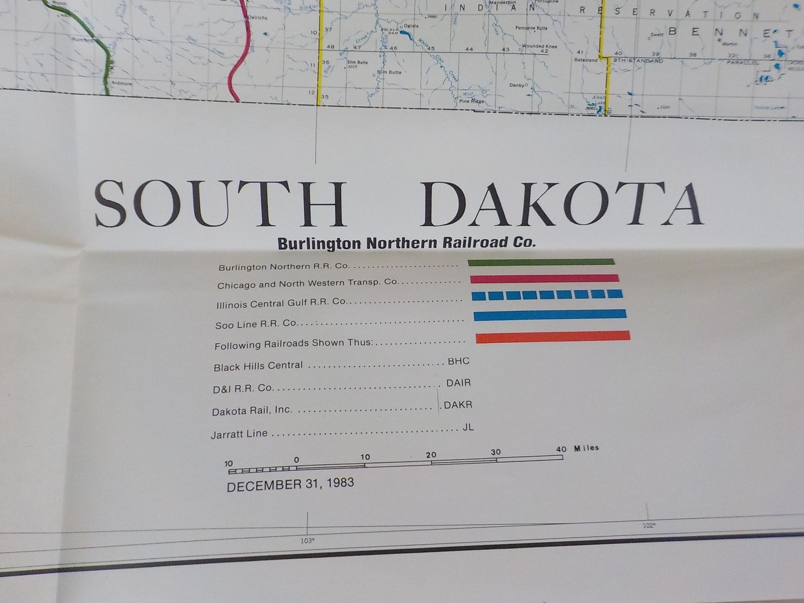 Map Burlington Northern South Dakota State Railroad Map 1983 August
