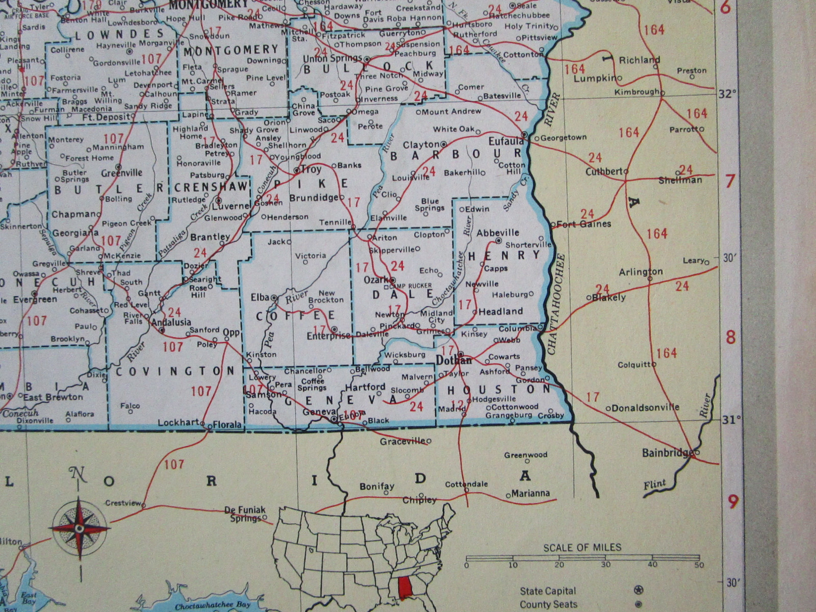 AL AZ Vintage 1951 ALABAMA RAILROAD Map. MERIDIAN BIGBEE RIVER RR or ARIZONA