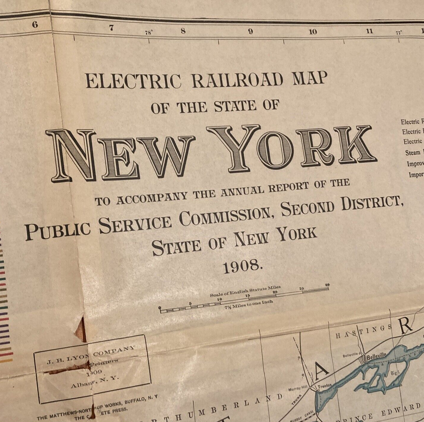 Original 1908 State of New York Electric Railroad Map 47.25″ x42″