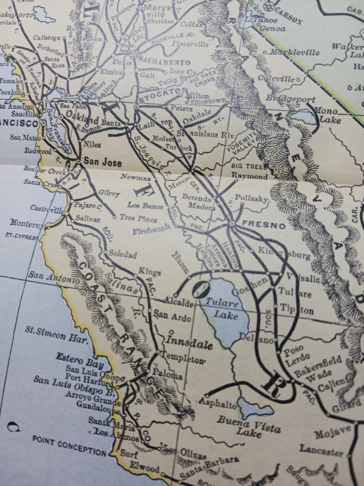 ☆1898 ORIGINAL Railroad Map CALIFORNIA NEVADA All Train Routes Lines 11″x9″