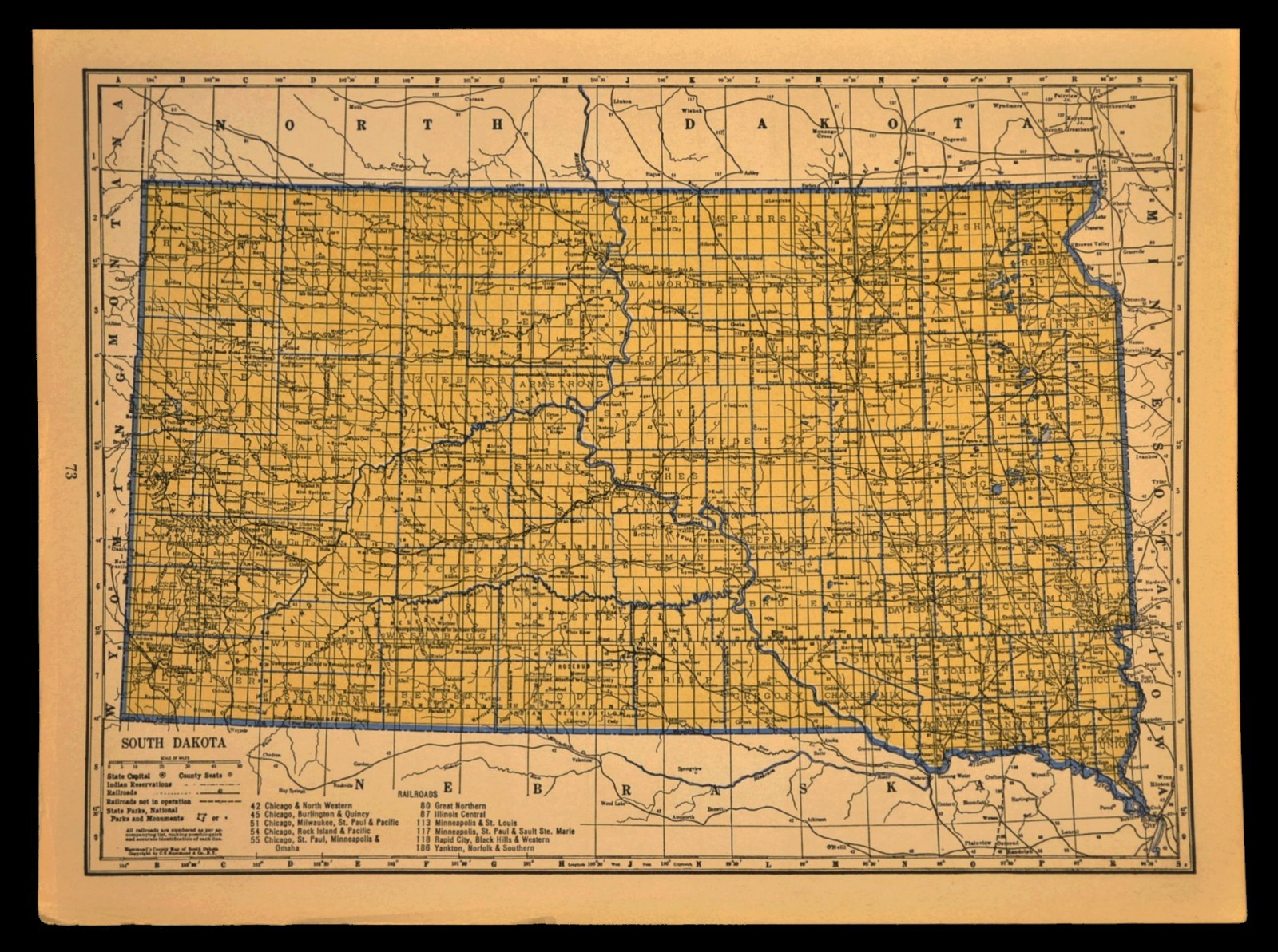ca1939 SOUTH DAKOTA Railroad Map Depot Towns CNW RR Historic Original Atlas Map