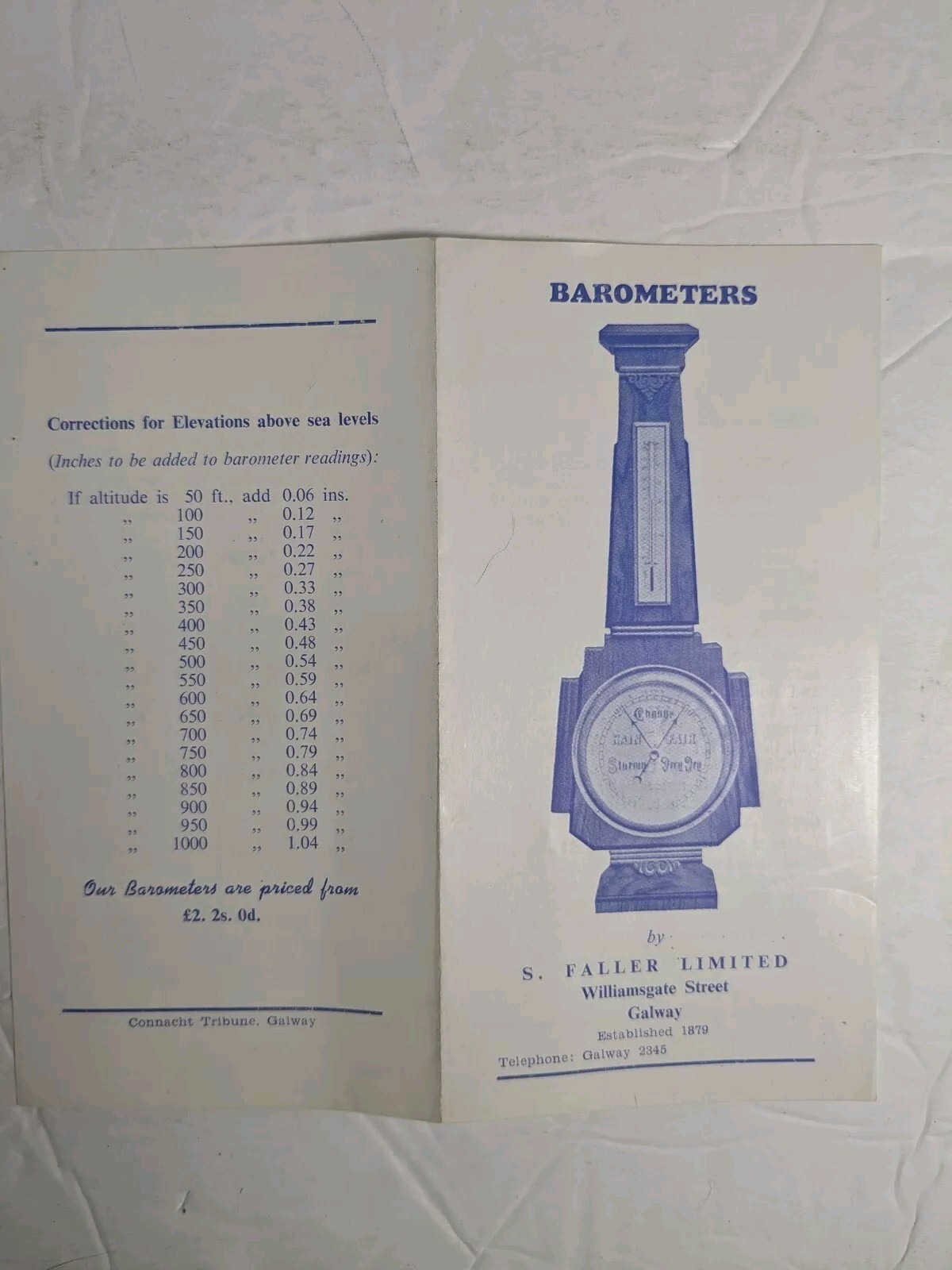 1960s Brochure For Barometers by S.Faller Ltm.Galway Ireland