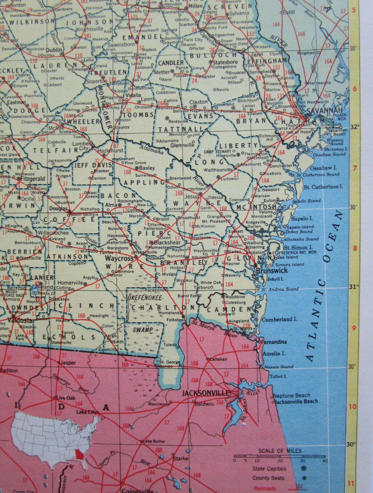 GA FL 1952 GEORGIA RAILROAD Map MILSTEAD RR; BOWDEN RR ~or~ FLORIDA.