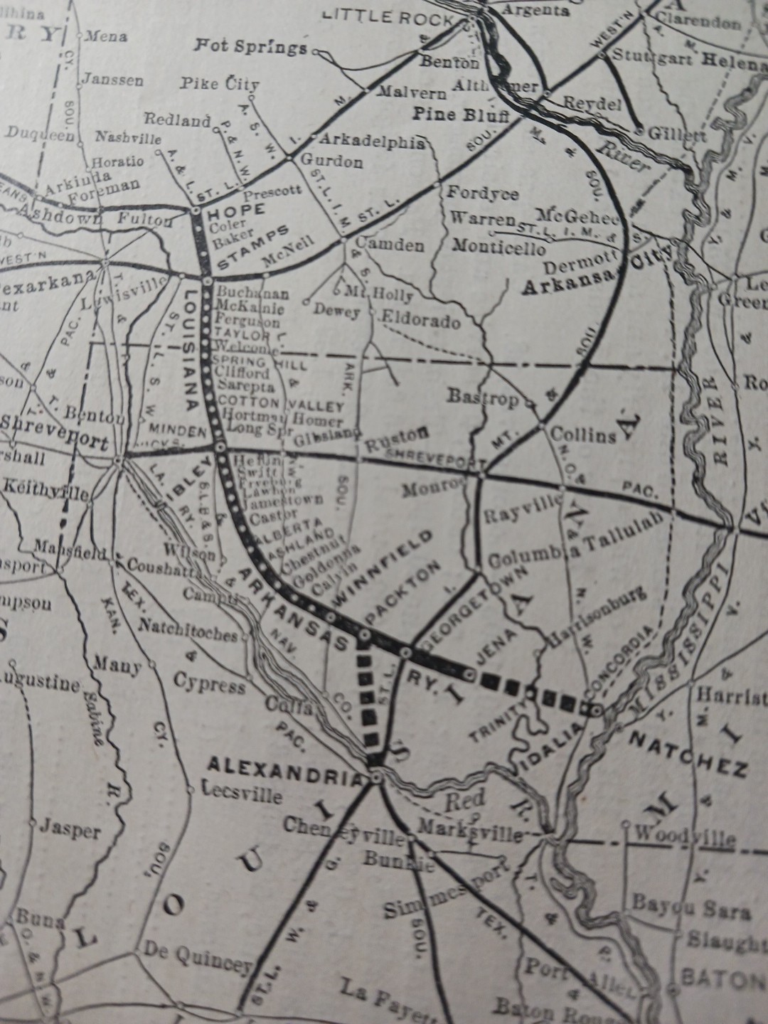 1905 train Route Map LOUISIANA & ARKANSAS RAILWAY Stamps AR Jena LA railroad