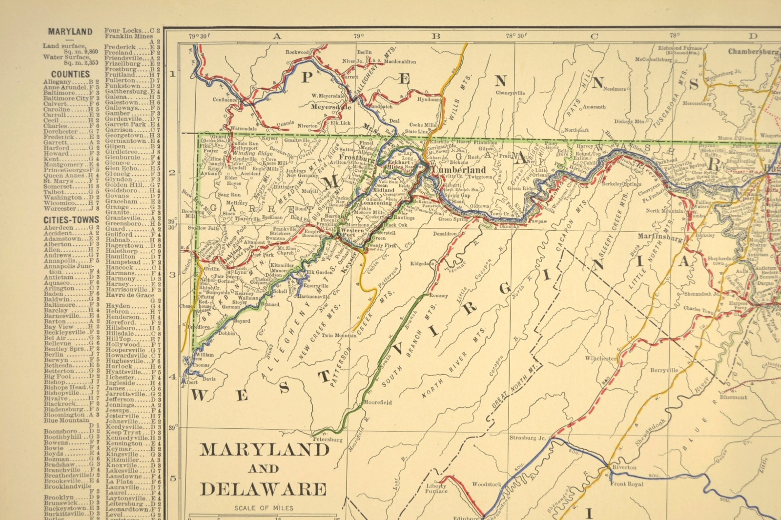1914 Antique Map of MARYLAND Railroads Map DELAWARE ORIGINAL Atlas Map DATED
