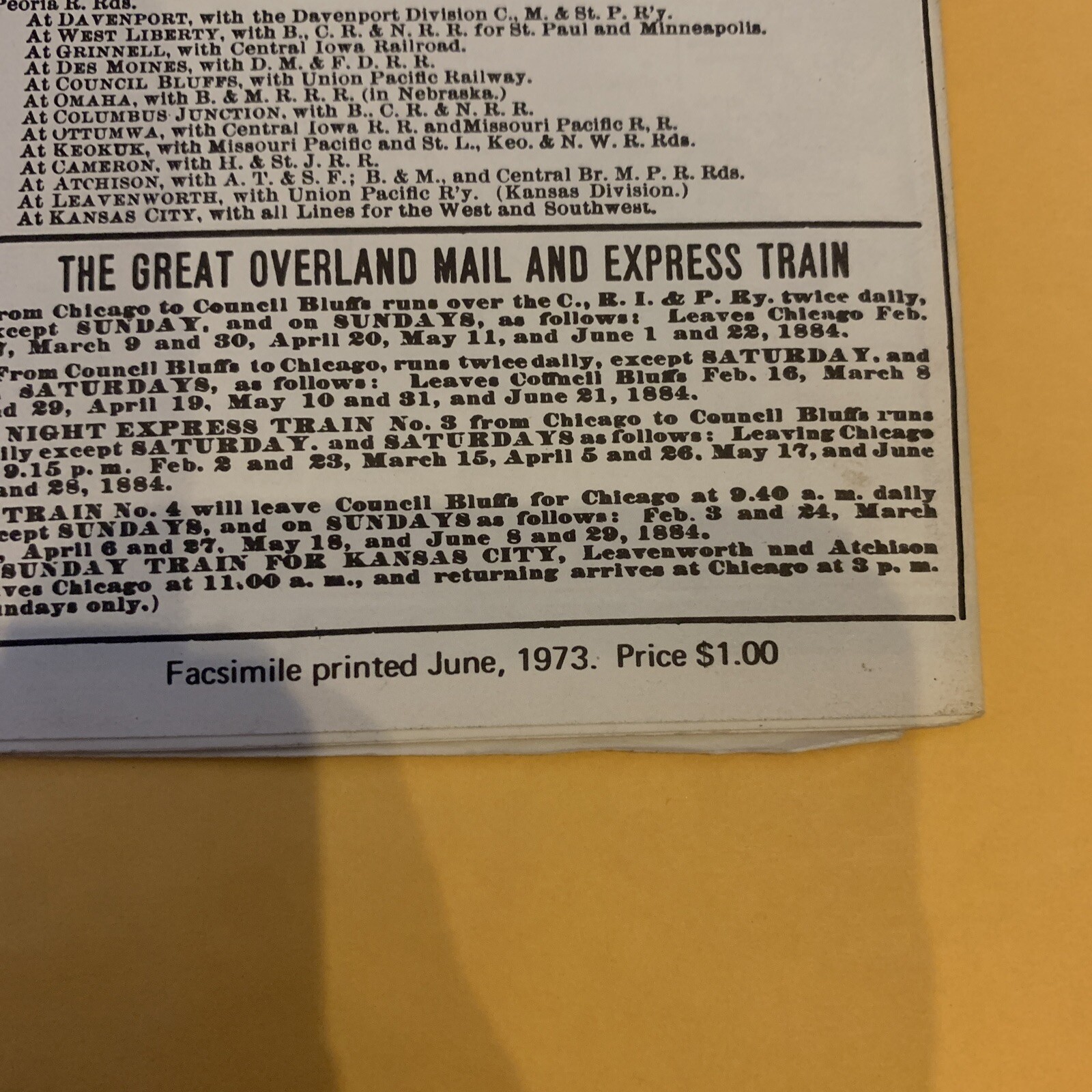 Rock Island Railroad Map – 1979 Reprint of 1884 Edition