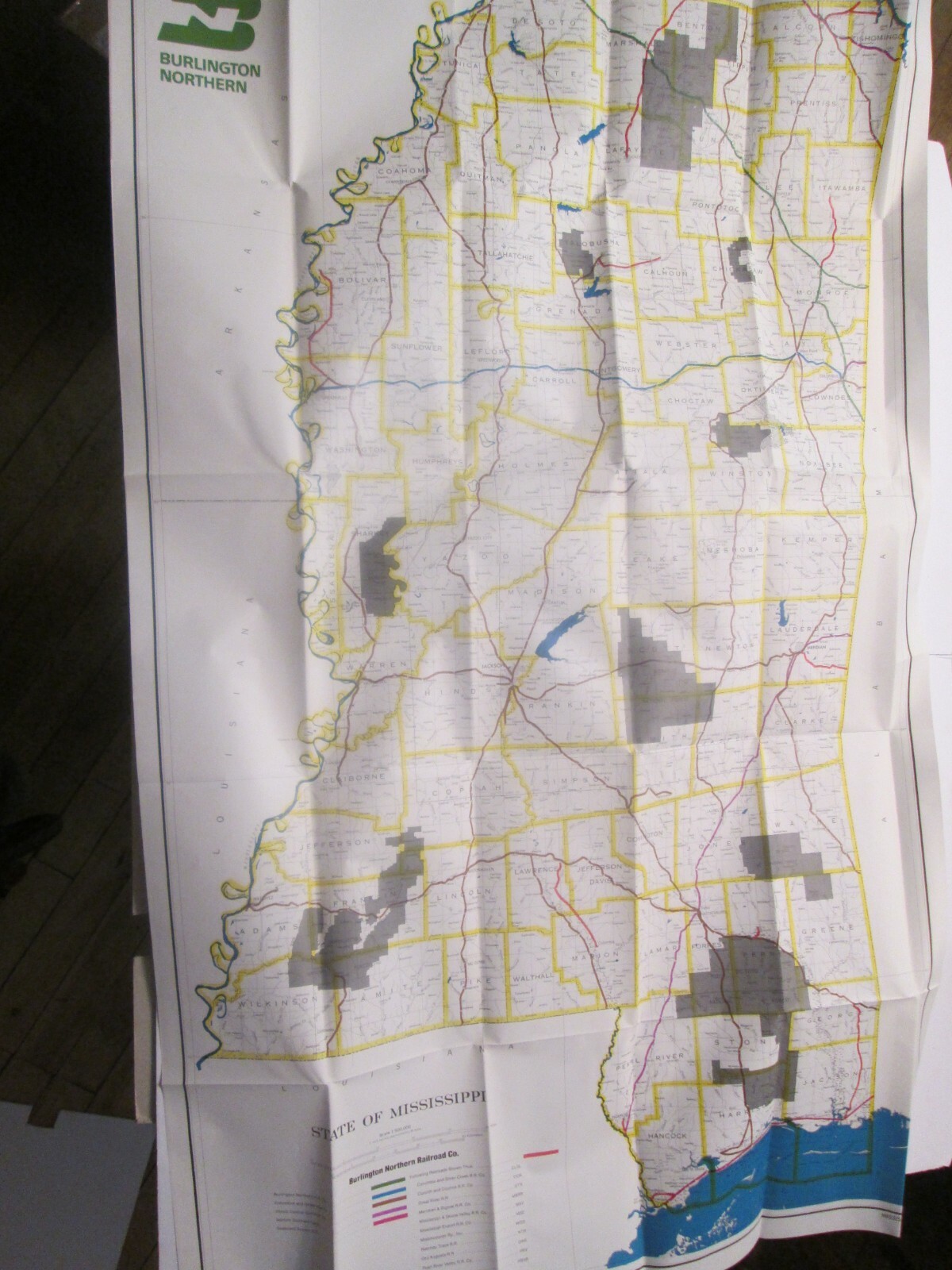 Large Burlington Northern State Railroad Map of Mississippi 1983