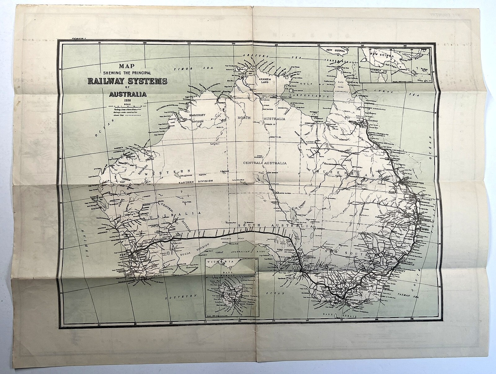 RAILWAY SYSTEM OF AUSTRALIA 1938 MAP +NEW SOUTH WALES RAILROADS SYDNEY NEWCASTLE
