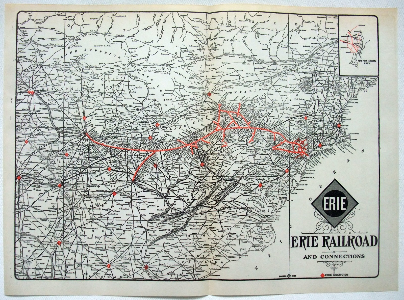 Erie Railroad – Original 1933 System Map. Vintage Railway