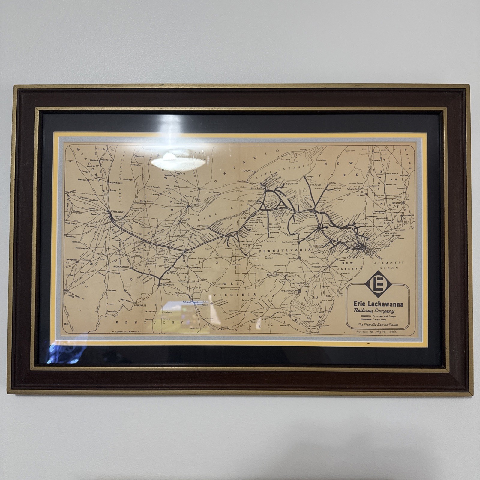 Vintage Pennsylvania Framed 1969 Erie Lackawanna Railway Map 24×16 1960s 1970s