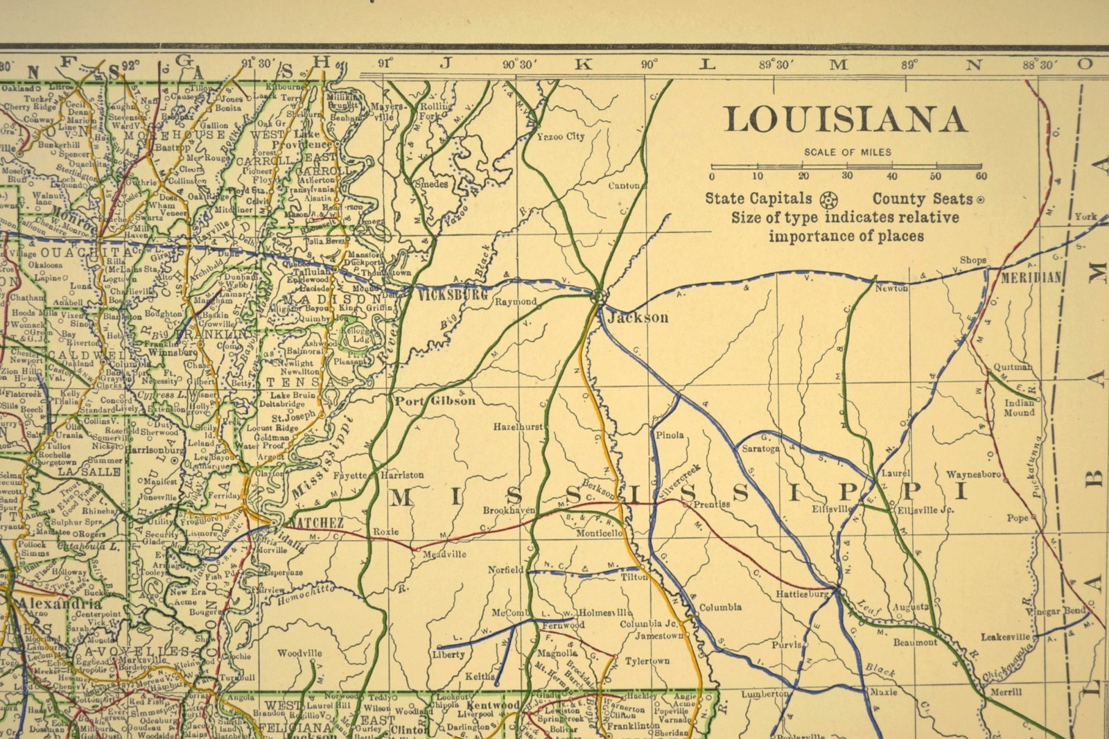 1914 Antique LOUISIANA Railroads Map ORIGINAL Atlas Map Texas & Pacific DATED