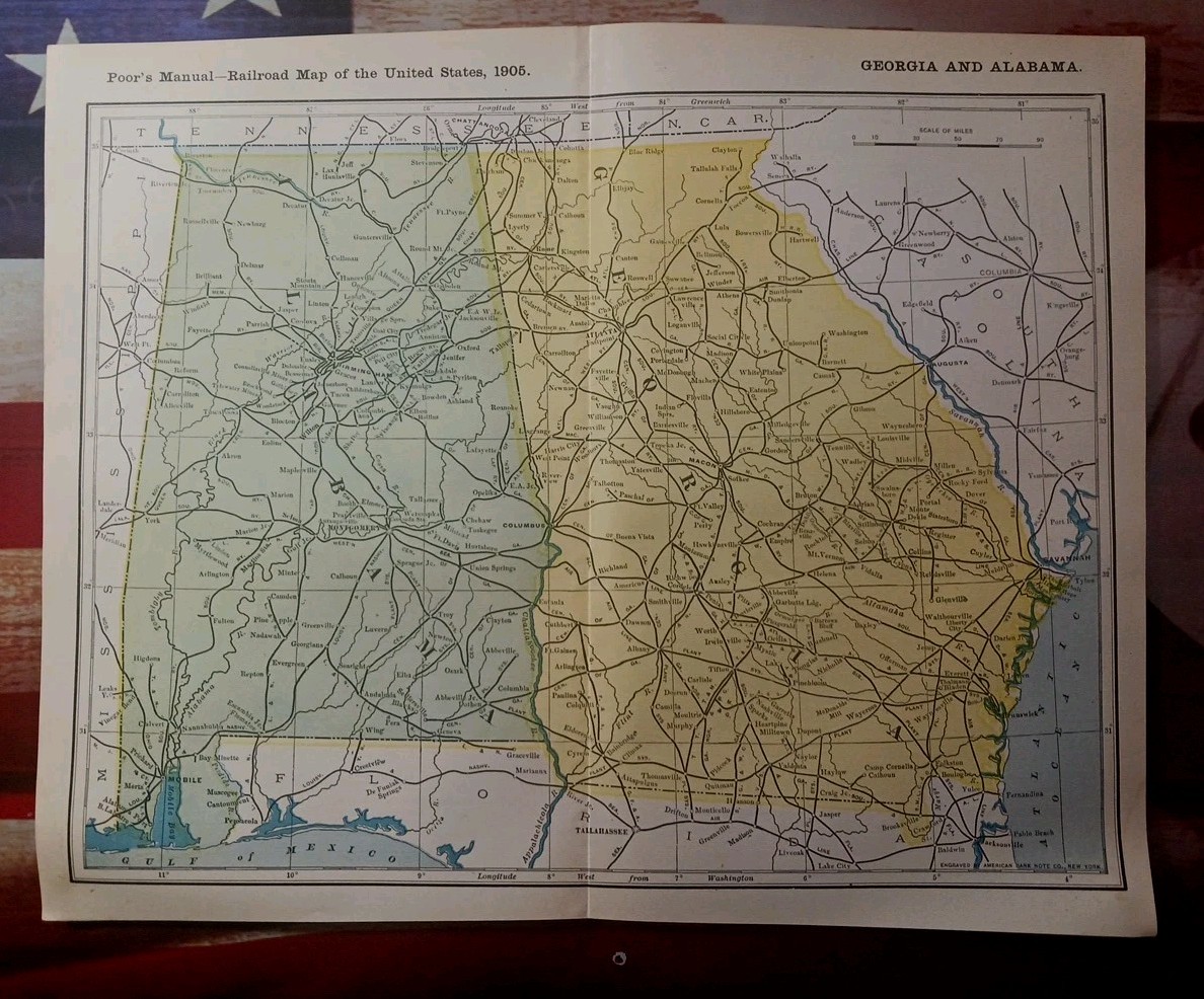 1905 Train Route Map Alabama & Georgia ALL Railroad Company Lines Marked 11x 9″