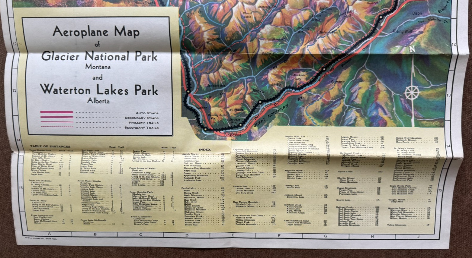 Vintage ca 1930s Great Northern Railway Aeroplane Map of Glacier National Park