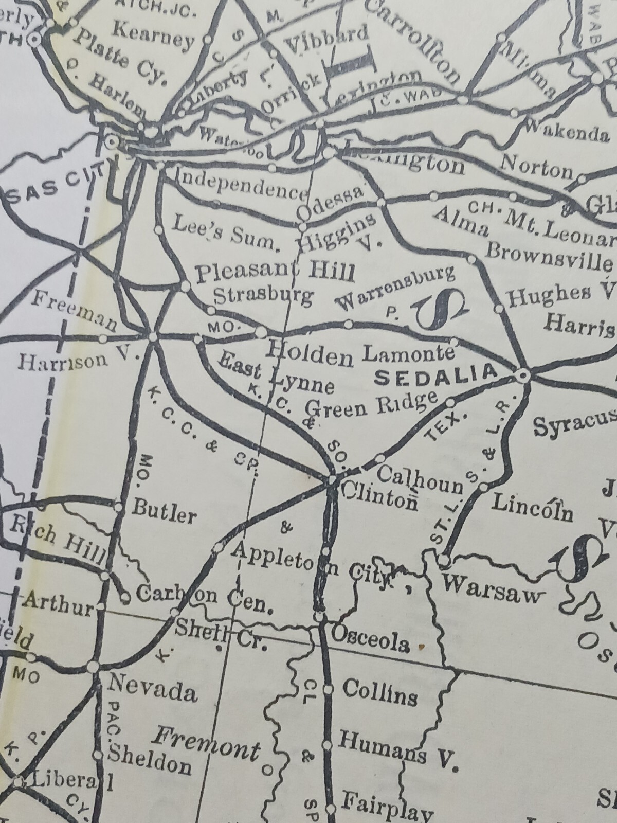 1889 Original railroad map IOWA Missouri All Train Routes 11″x9″ Town Stations