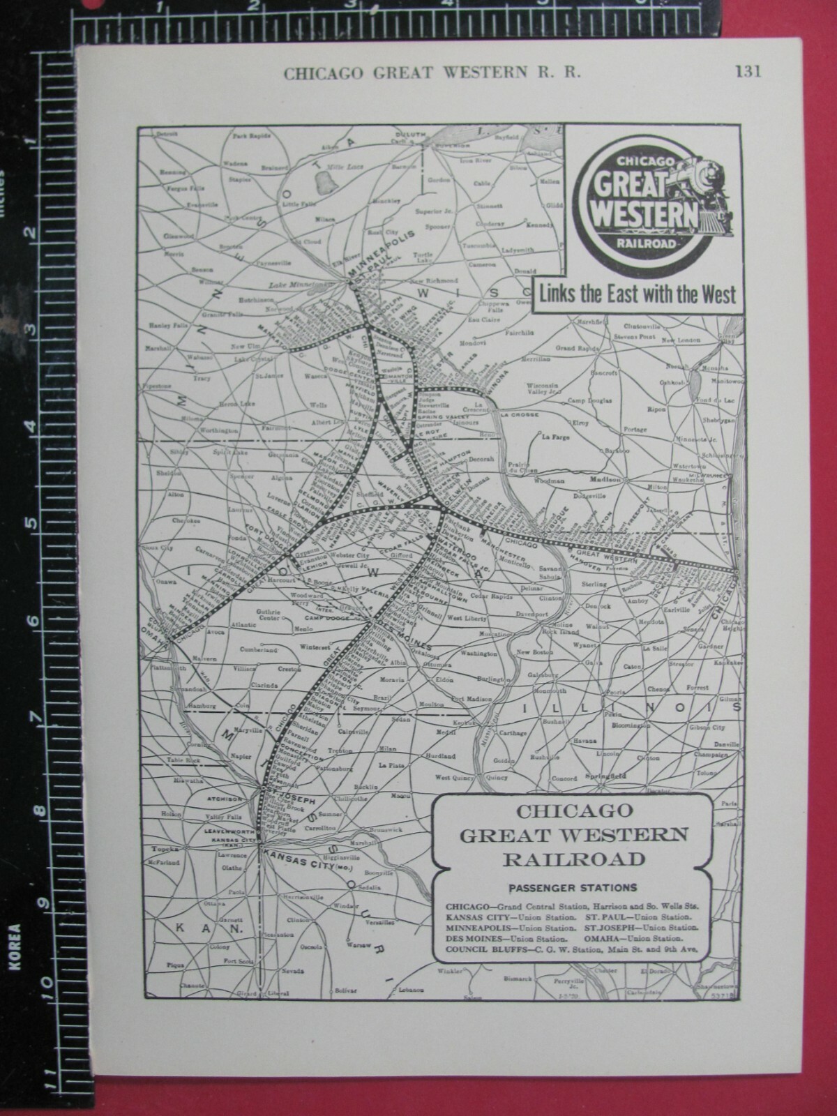 CHICAGO GREAT WESTERN 1925 SYSTEM MAP ROUTES CONNECTING RRs
