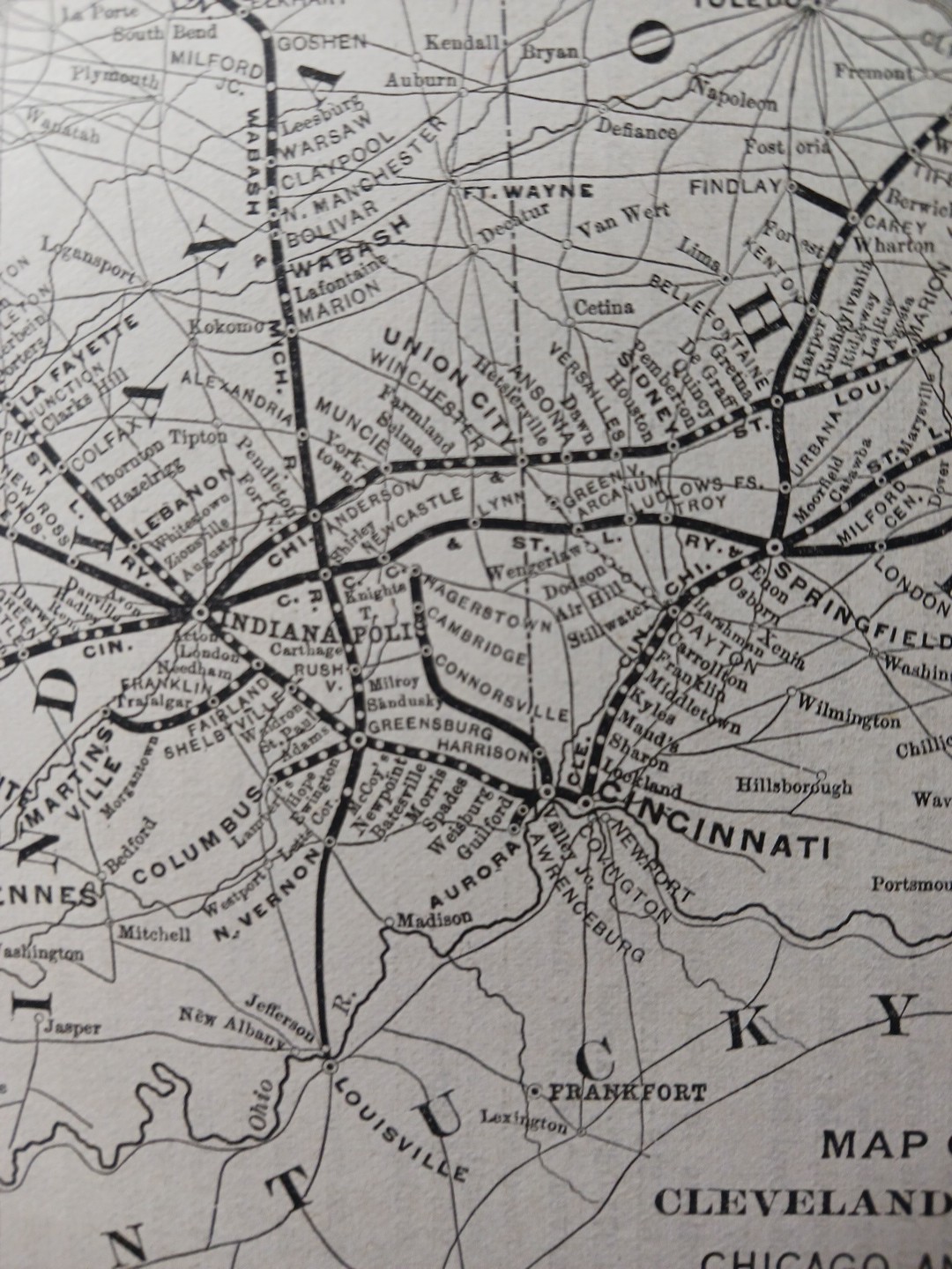 1892 Antique Railroad Map CLEVELAND CINCINNATI CHICAGO & ST LOUIS RAILWAY Routes