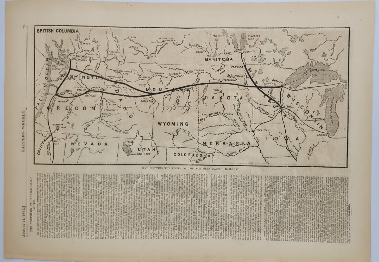 Northern Pacific Railroad vintage railway map 1871