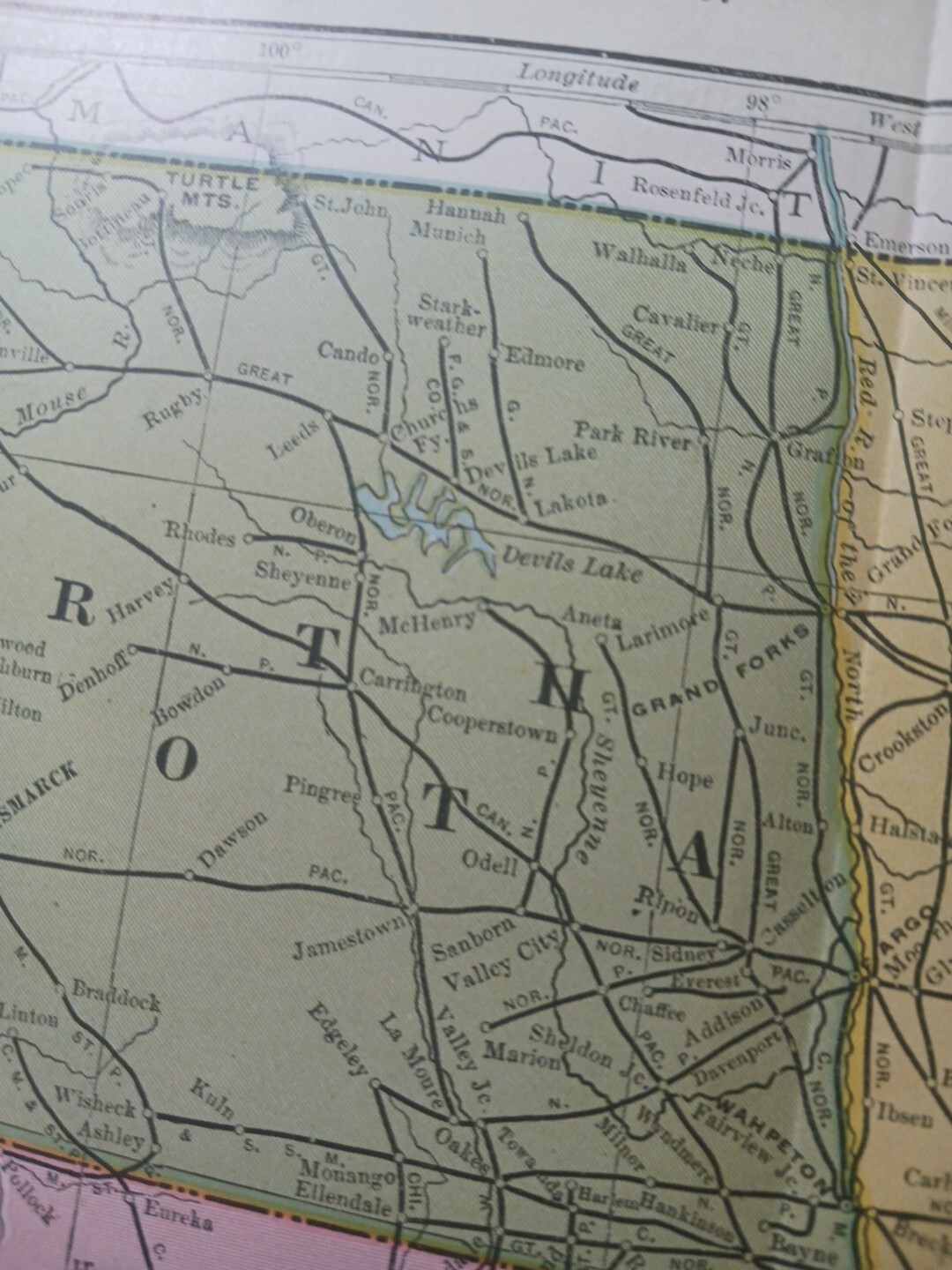 1906 Dated Train Route Map Minnesota Dakotas All Railroad Lines Stations 11″×9″