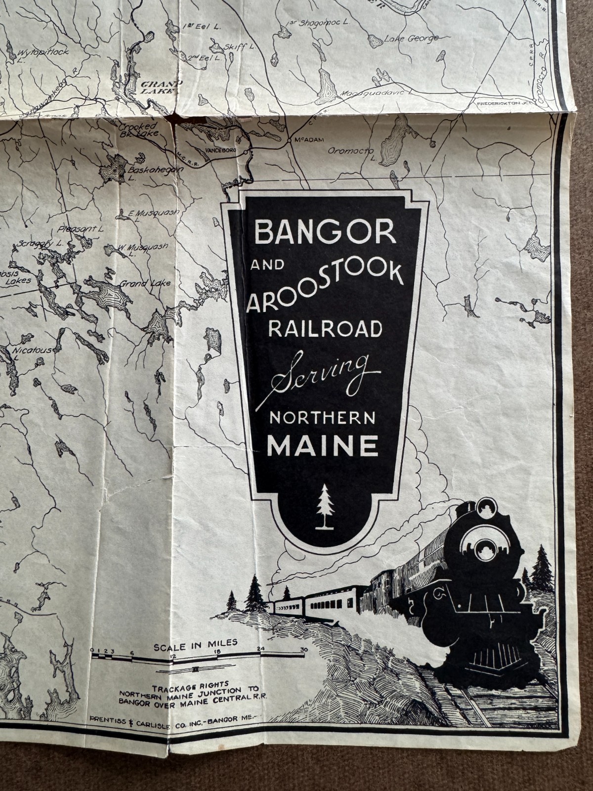 Vintage ca 1930s 17×27 Bangor and Aroostock RR Railroad Route Map Northern Maine