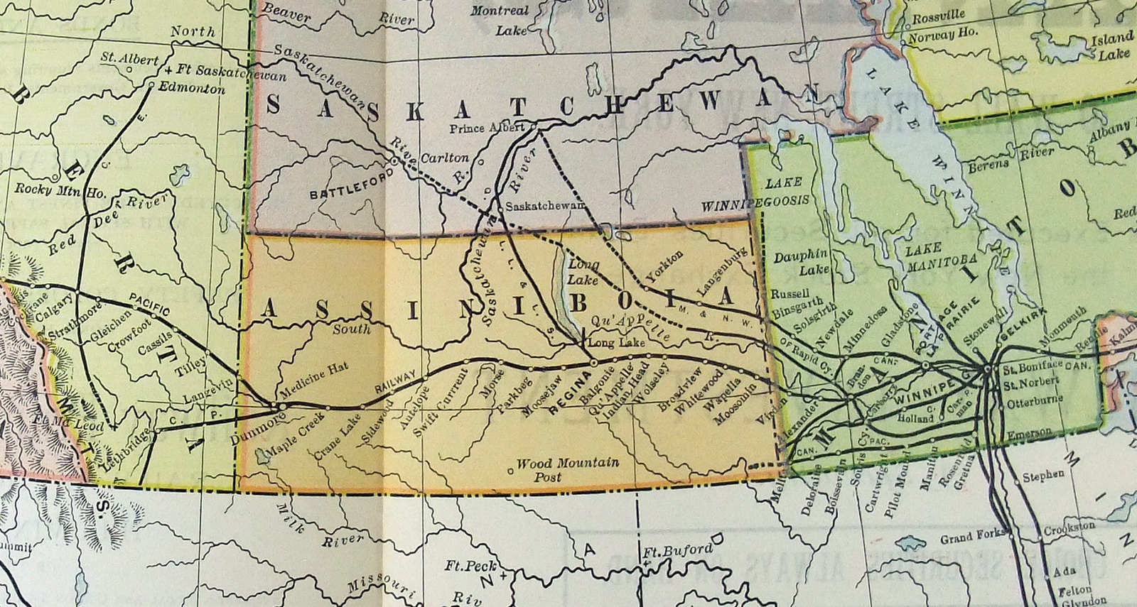 Western Canada: Original 1892 Railroad Map by the American Bank Note Co. Antique