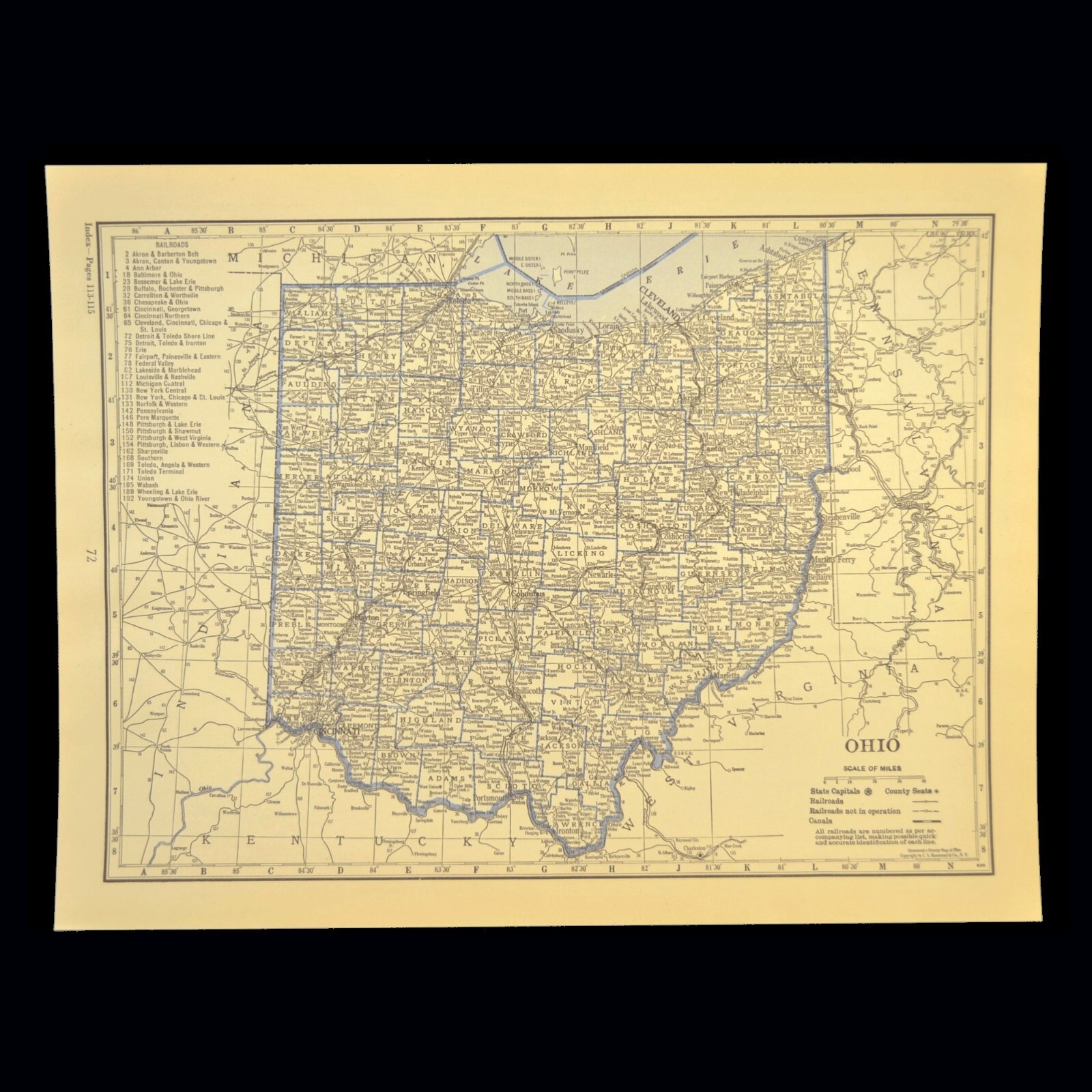 Vintage OHIO Railroad Map Depot Towns B&O RR Columbus Cleveland ca 1930 Antique