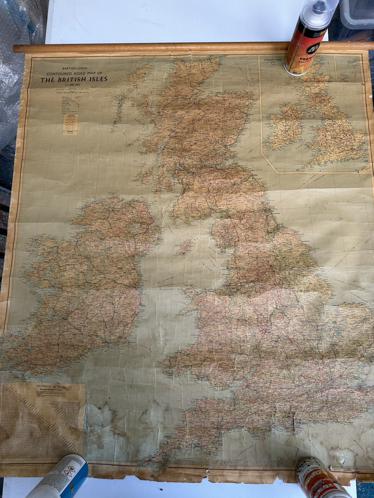 Large Vintage Bartholomew’s Contoured Road Wall Map of the British Isles 1972