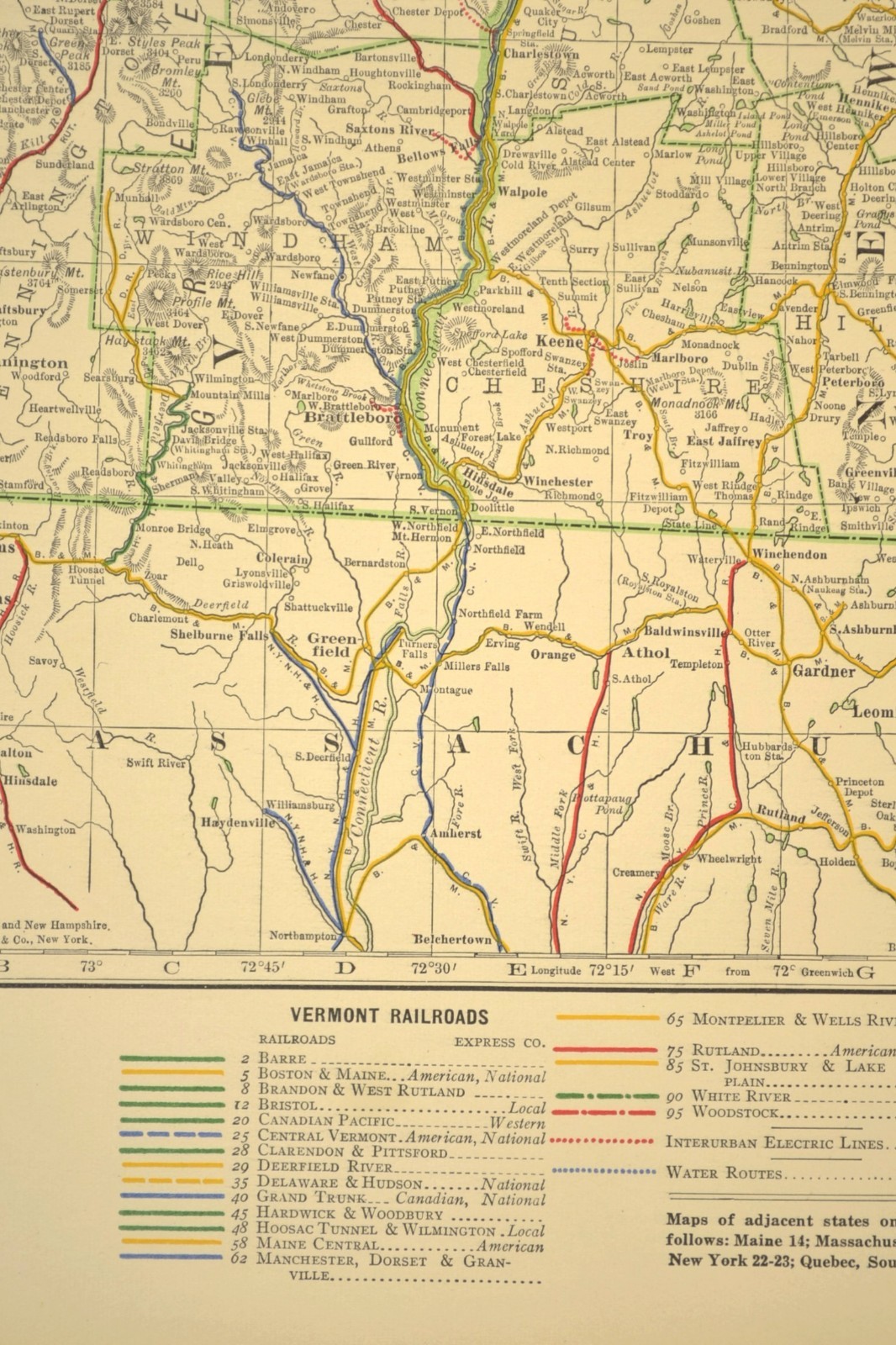 1914 Antique Map of VERMONT Railroads Map NEW HAMPSHIRE ORIGINAL Atlas Map DATED