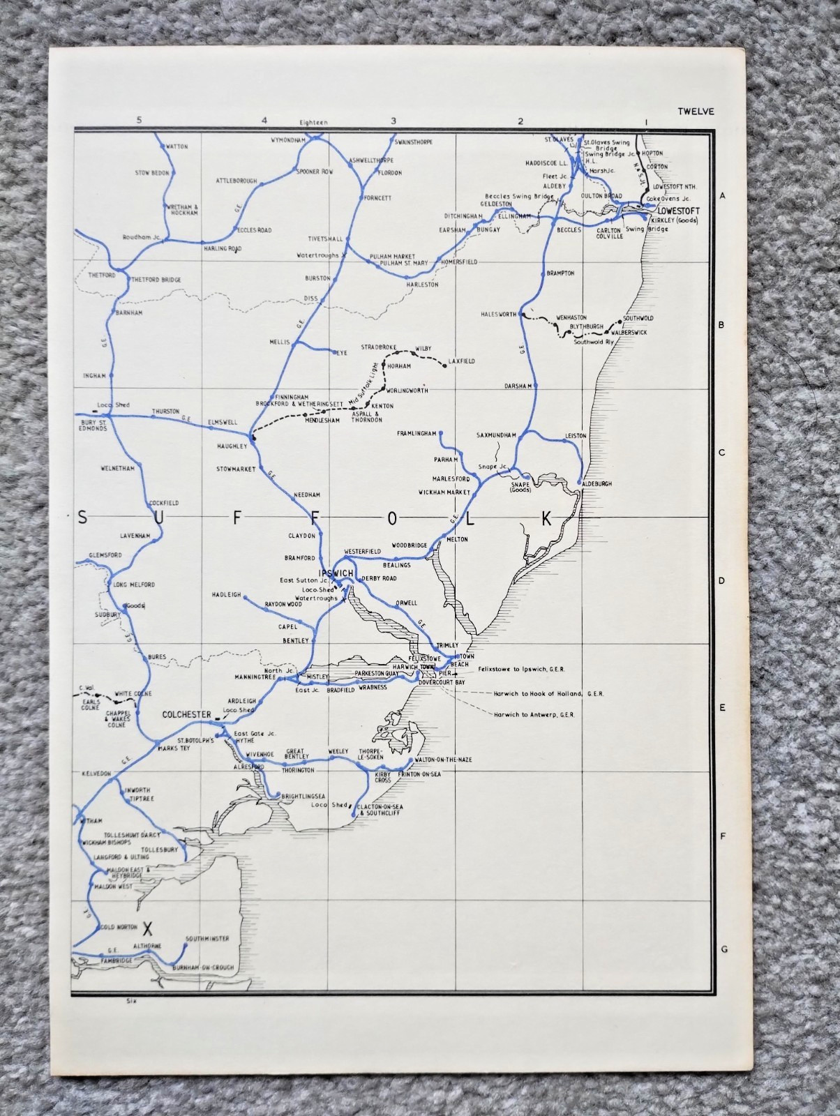 Vintage 1976 map showing Pre Grouping Rail Lines of Suffolk