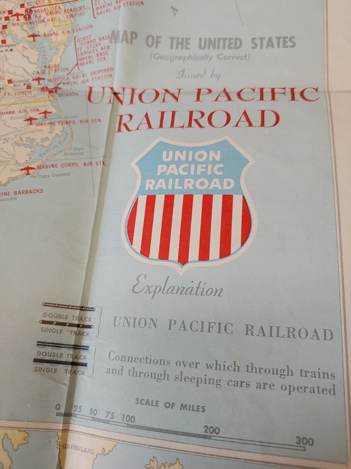 Union Pacific RR Miltary Map of the US 1950 Vintage Road Map