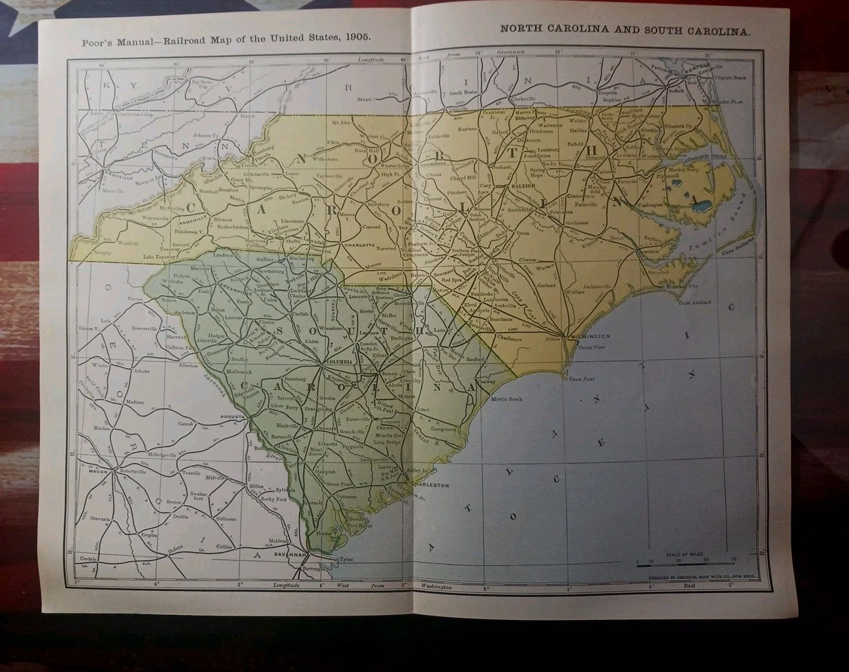 1905 Train Route Map North & South Carolina ALL old Railroad Lines Towns 11×9″