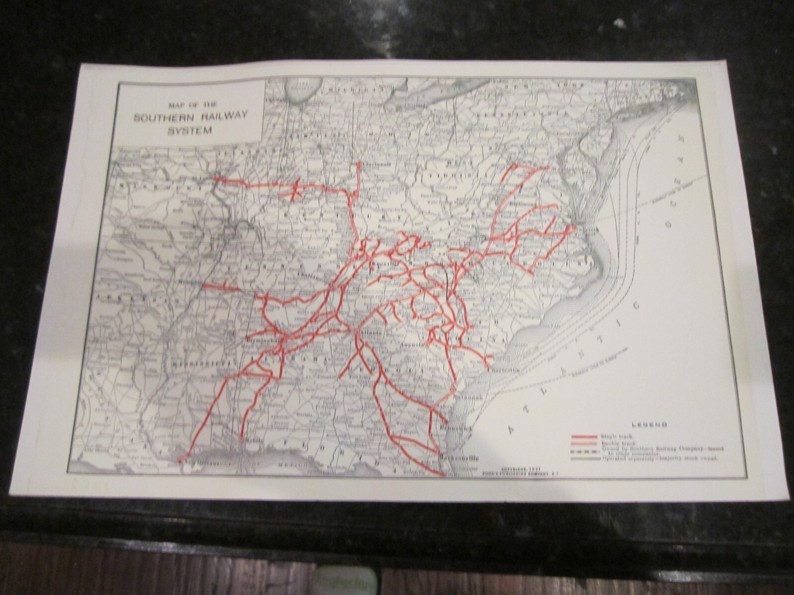 1931 MAP OF THE SOUTHERN RAILWAY SYSTEM RAILROAD – 17″ X 11″ – HEAVY STOCK PAPER