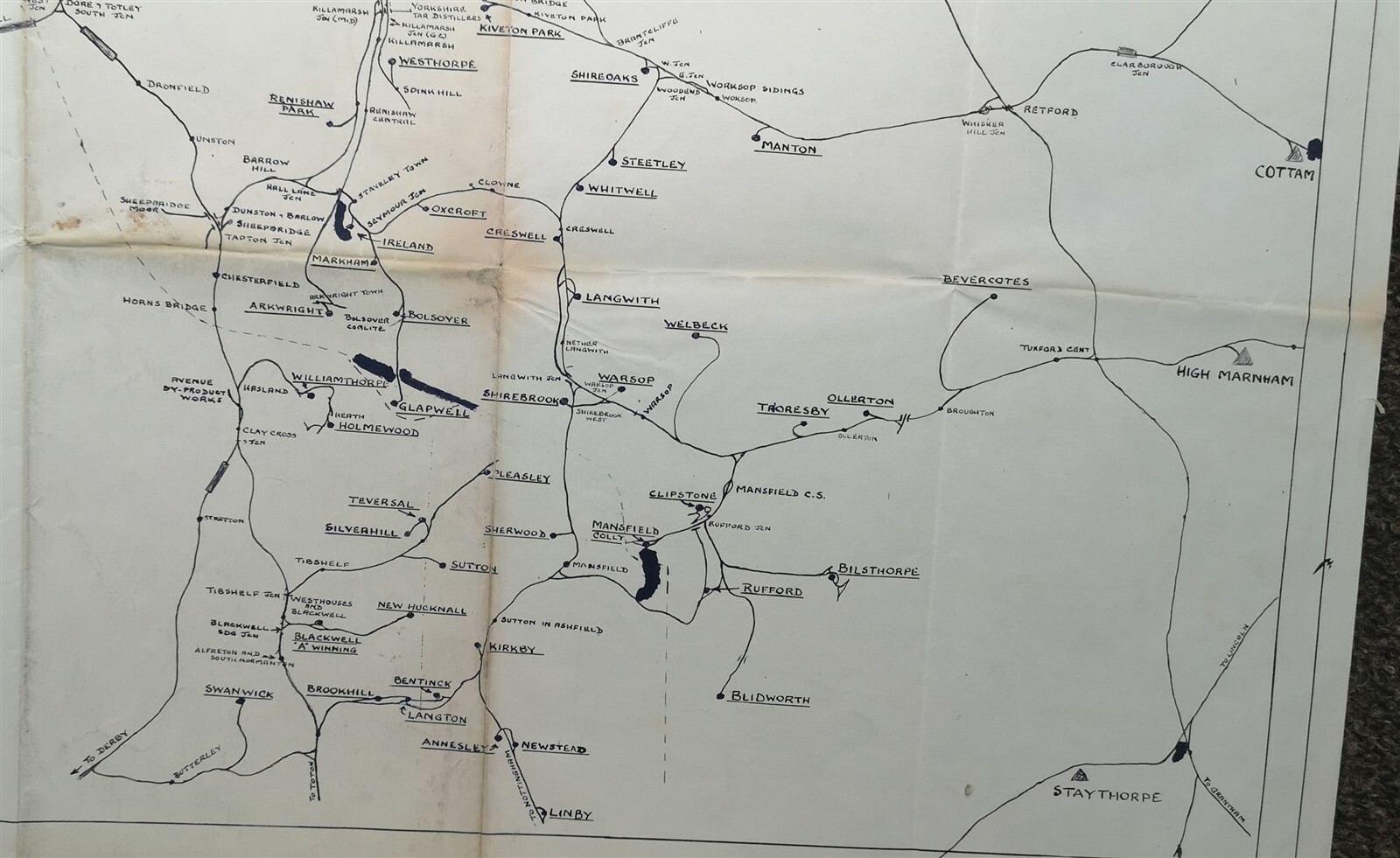 BR MAP OF COLLERIES POWER STATIONS NOTTINGHAMSHIRE YORKSHIRE DIAGRAM MAP 1950s