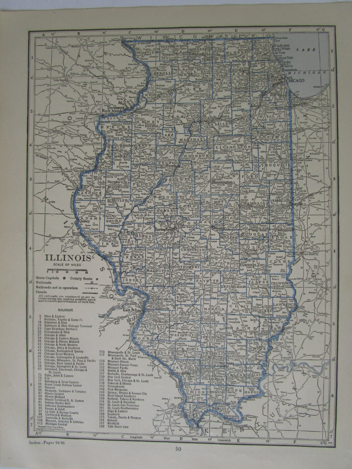 IL ID 1931 ILLINOIS RAILROAD Map McCOMB, INDUSTRY, & LITTLETON RR ~or~ IDAHO