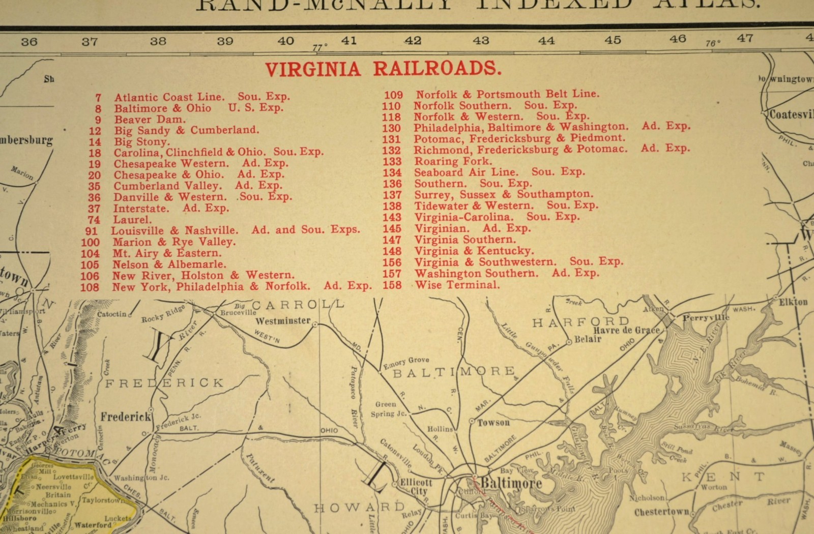 1911 Antique Virginia Railroad Map ORIGINAL Atlas Southern Railway C&O RR DATED
