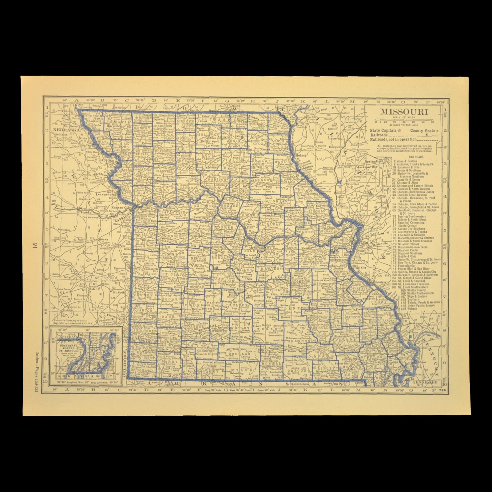 ca 1930 MISSOURI Railroad Map Depot Towns MP RR Mo Pac Historic Atlas Map
